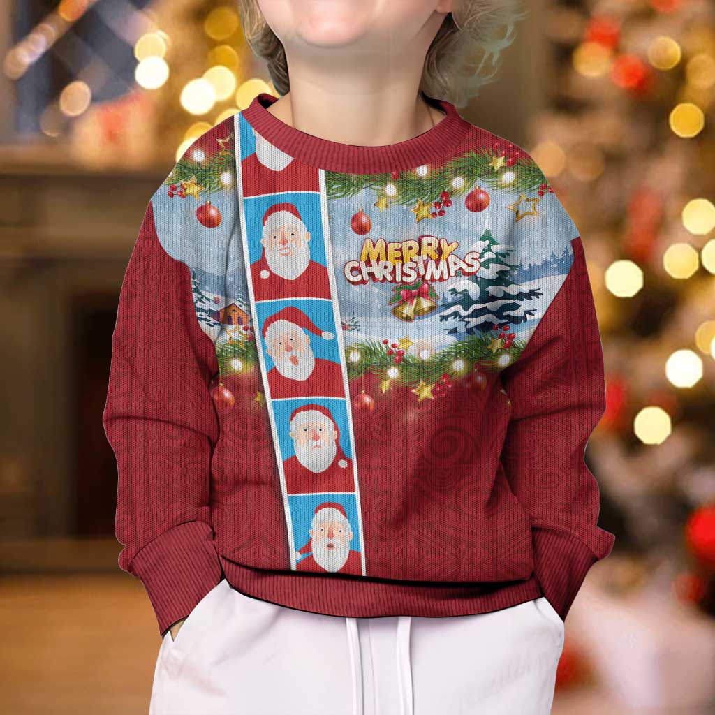 Merry Christmas Kid Ugly Christmas Sweater Funny Santa Claus Cards Photo and Polynesian Pattern Red Color