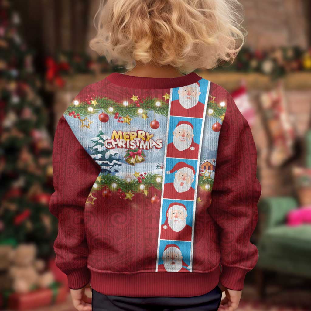 Merry Christmas Kid Ugly Christmas Sweater Funny Santa Claus Cards Photo and Polynesian Pattern Red Color