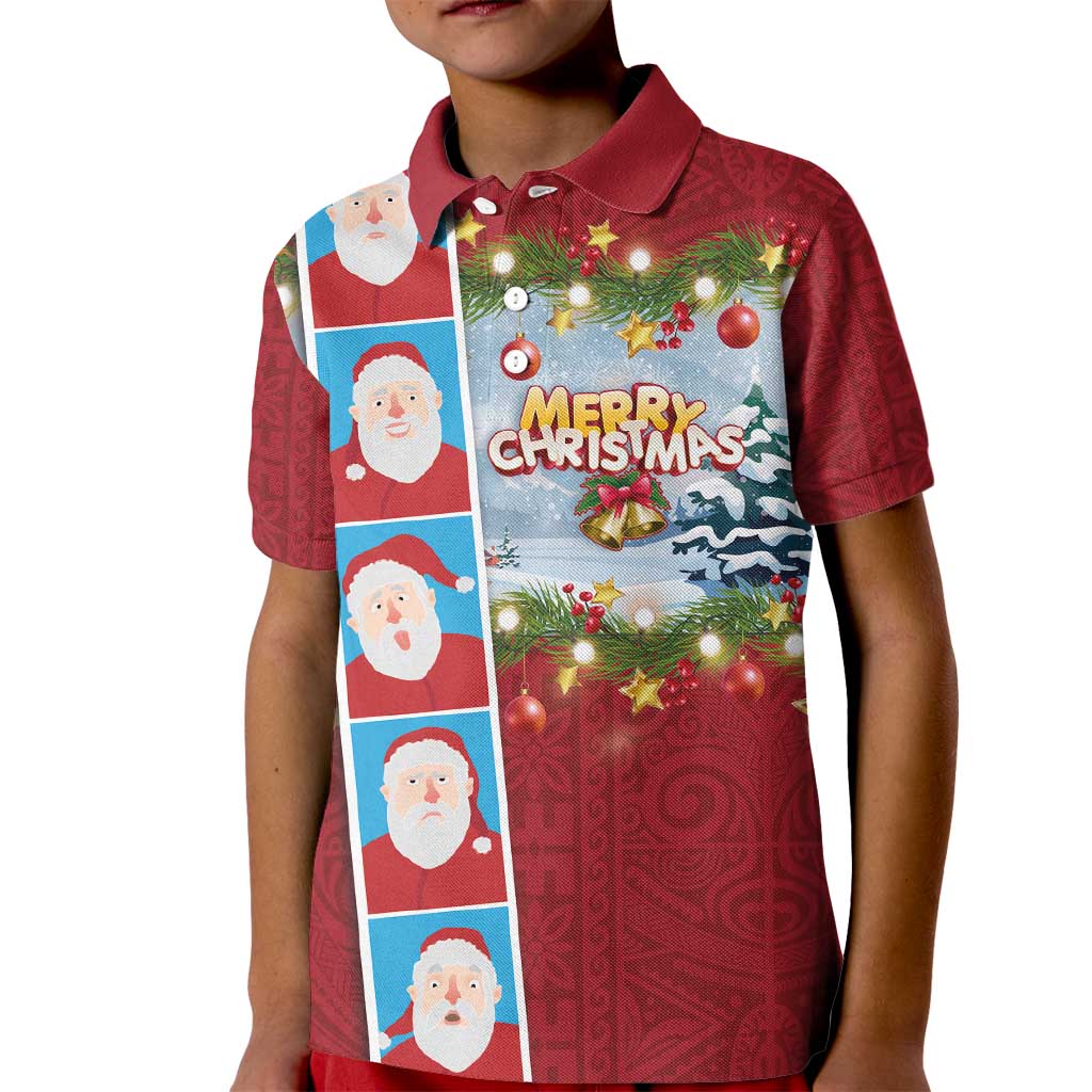 Merry Christmas Kid Polo Shirt Funny Santa Claus Cards Photo and Polynesian Pattern Red Color