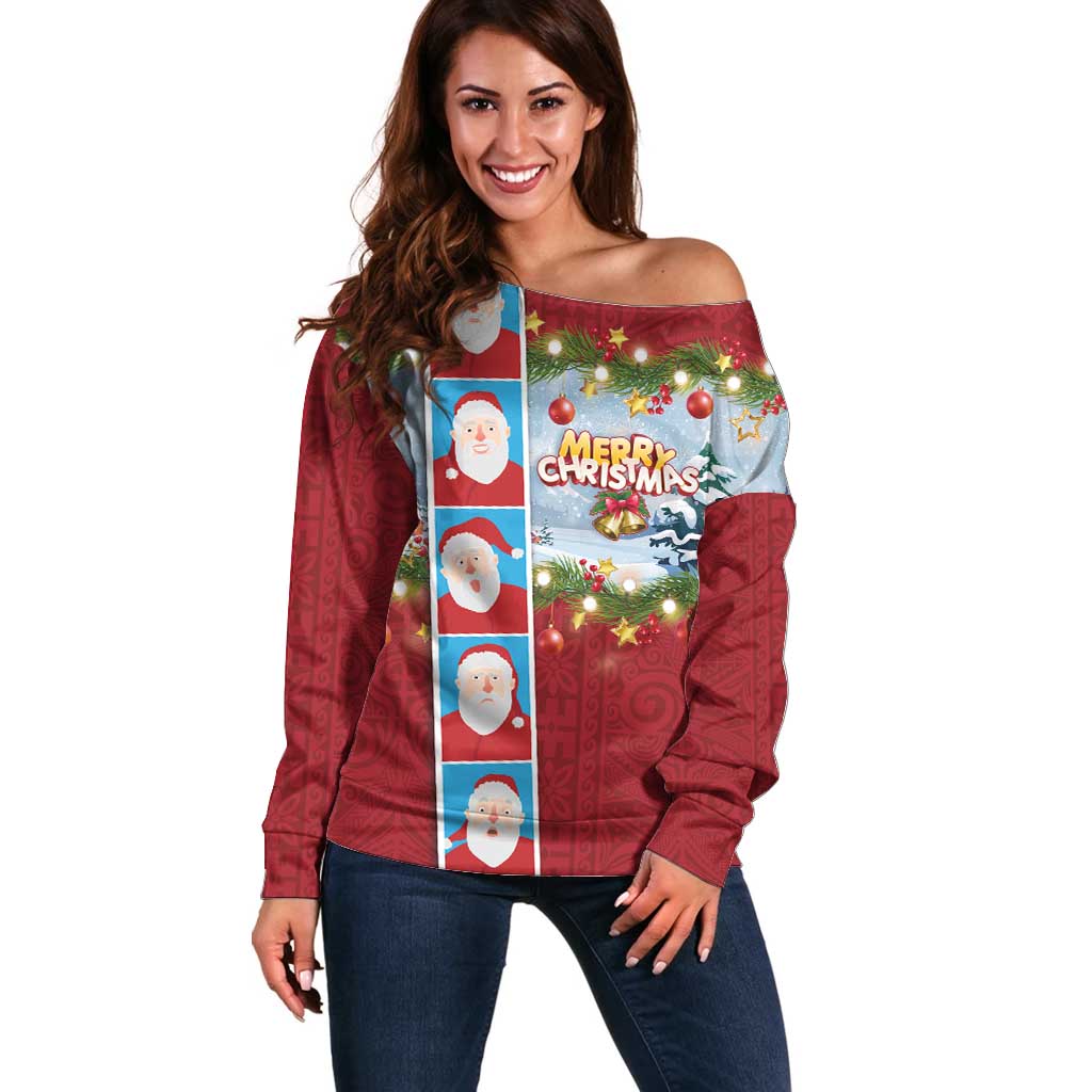 Merry Christmas Off Shoulder Sweater Funny Santa Claus Cards Photo and Polynesian Pattern Red Color LT03 Women Red - Polynesian Pride