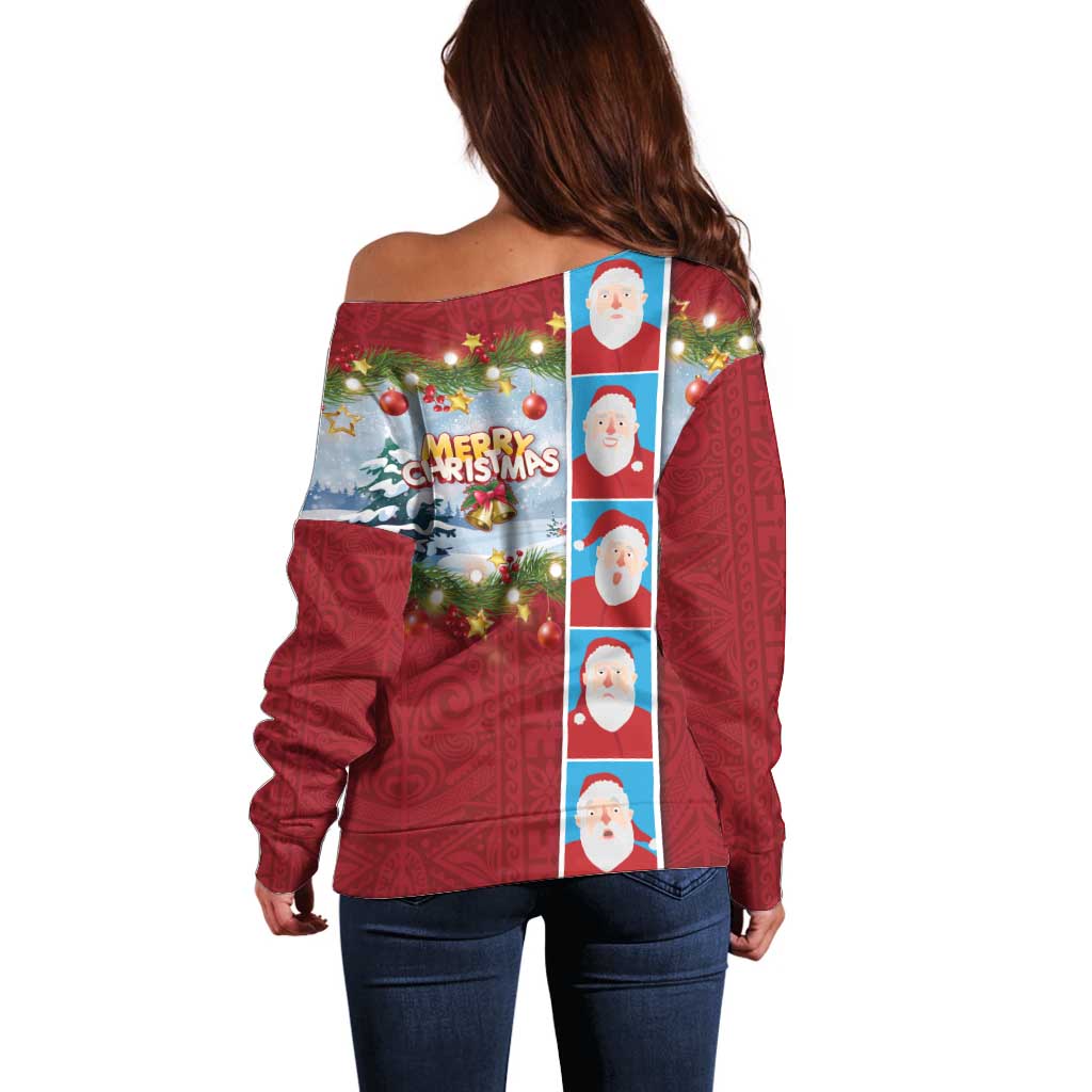 Merry Christmas Off Shoulder Sweater Funny Santa Claus Cards Photo and Polynesian Pattern Red Color