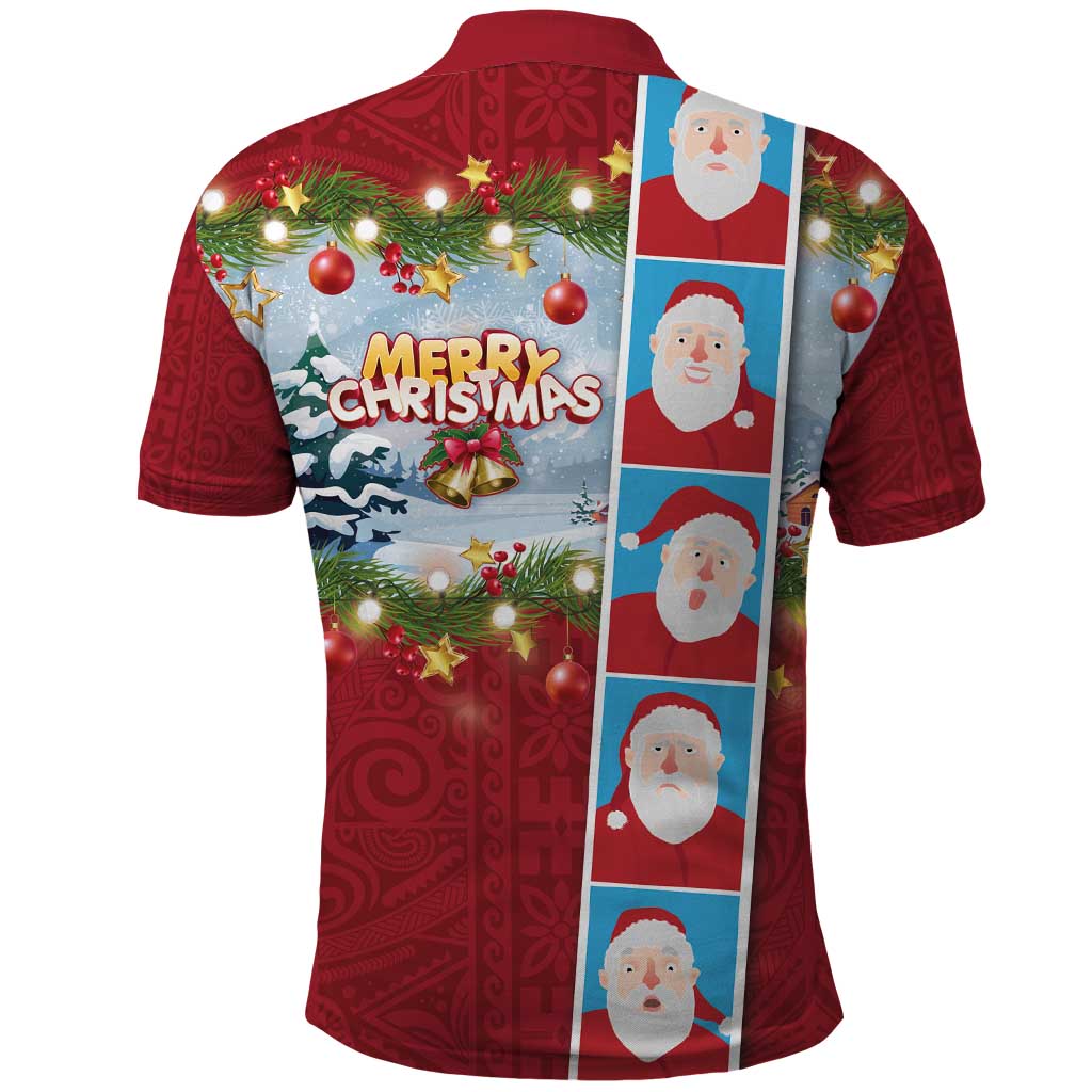 Merry Christmas Polo Shirt Funny Santa Claus Cards Photo and Polynesian Pattern Red Color