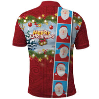 Merry Christmas Polo Shirt Funny Santa Claus Cards Photo and Polynesian Pattern Red Color