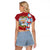Merry Christmas Raglan Cropped T Shirt Funny Santa Claus Cards Photo and Polynesian Pattern Red Color