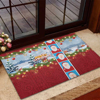 Merry Christmas Rubber Doormat Funny Santa Claus Cards Photo and Polynesian Pattern Red Color