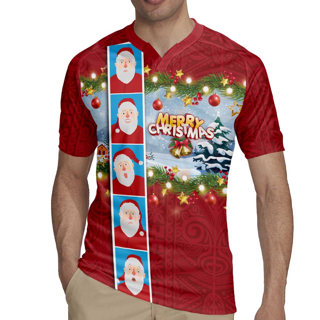 Merry Christmas Rugby Jersey Funny Santa Claus Cards Photo and Polynesian Pattern Red Color
