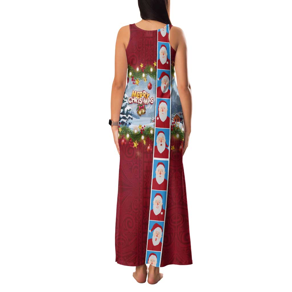 Merry Christmas Tank Maxi Dress Funny Santa Claus Cards Photo and Polynesian Pattern Red Color