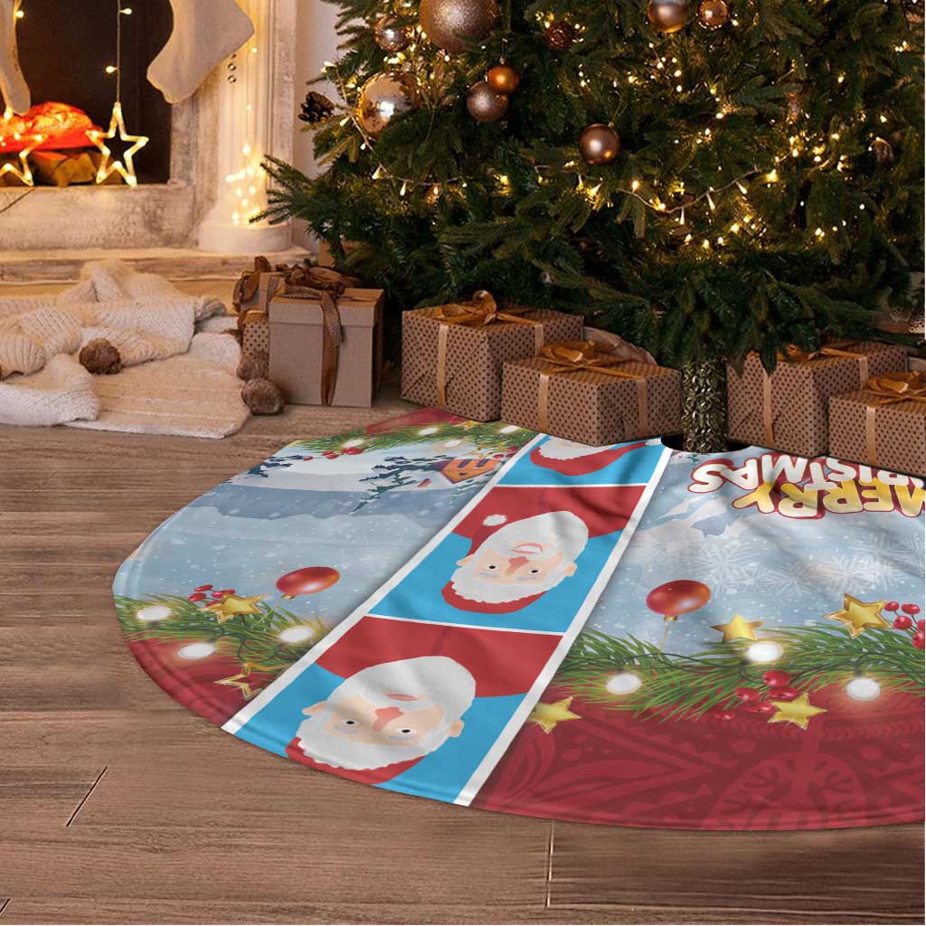 Merry Christmas Tree Skirt Funny Santa Claus Cards Photo and Polynesian Pattern Red Color