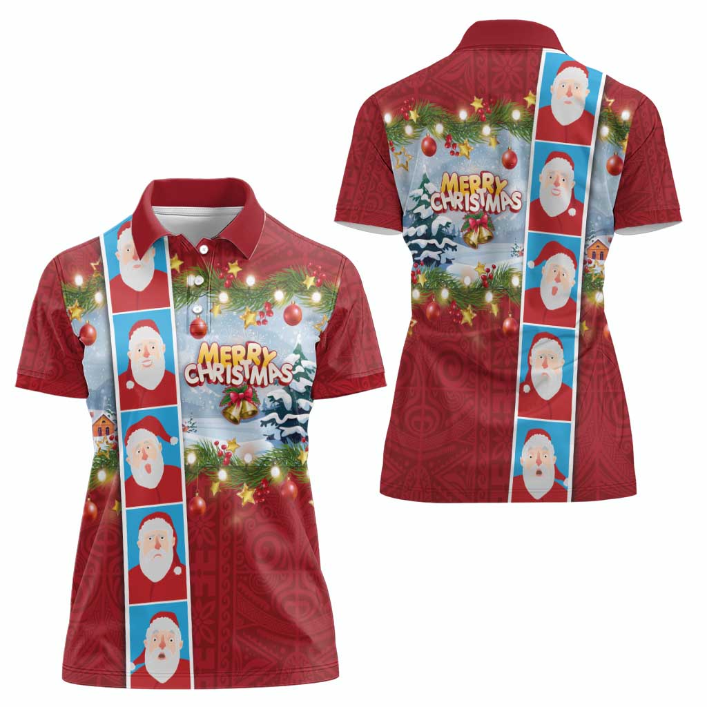 Merry Christmas Women Polo Shirt Funny Santa Claus Cards Photo and Polynesian Pattern Red Color LT03 - Polynesian Pride