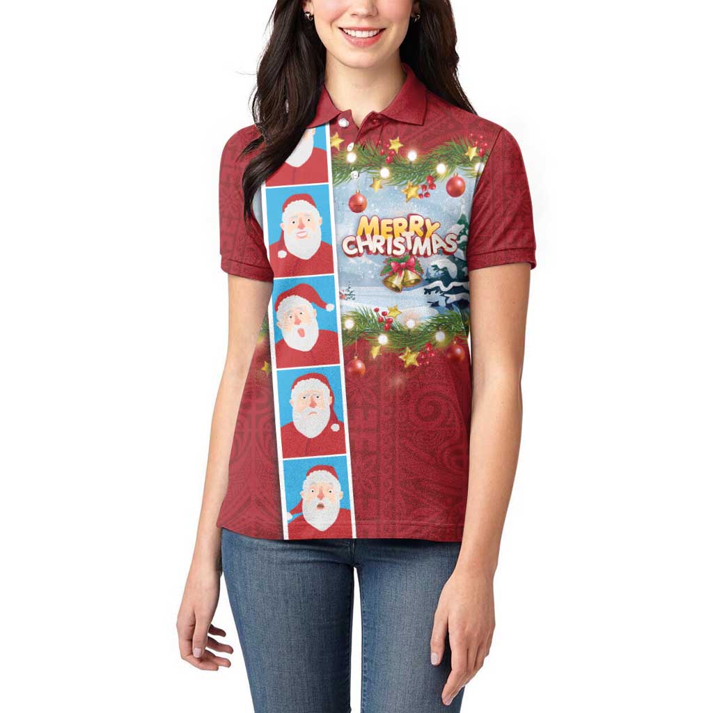 Merry Christmas Women Polo Shirt Funny Santa Claus Cards Photo and Polynesian Pattern Red Color LT03 - Polynesian Pride