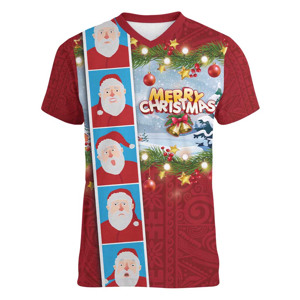 Merry Christmas Women V-Neck T-Shirt Funny Santa Claus Cards Photo and Polynesian Pattern Red Color