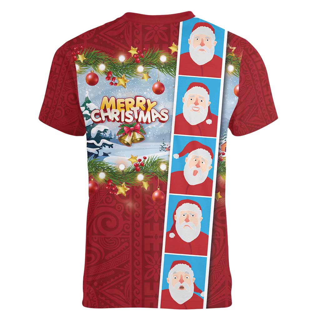 Merry Christmas Women V-Neck T-Shirt Funny Santa Claus Cards Photo and Polynesian Pattern Red Color LT03 - Polynesian Pride