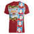 Merry Christmas Women V-Neck T-Shirt Funny Santa Claus Cards Photo and Polynesian Pattern Red Color