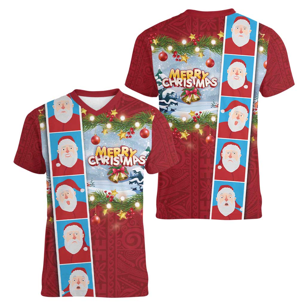 Merry Christmas Women V-Neck T-Shirt Funny Santa Claus Cards Photo and Polynesian Pattern Red Color LT03 - Polynesian Pride
