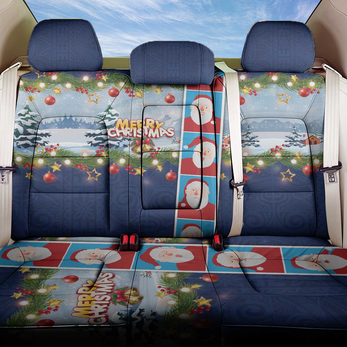 Merry Christmas Back Car Seat Cover Funny Santa Claus Cards Photo and Polynesian Pattern Blue Color LT03 One Size Blue - Polynesian Pride