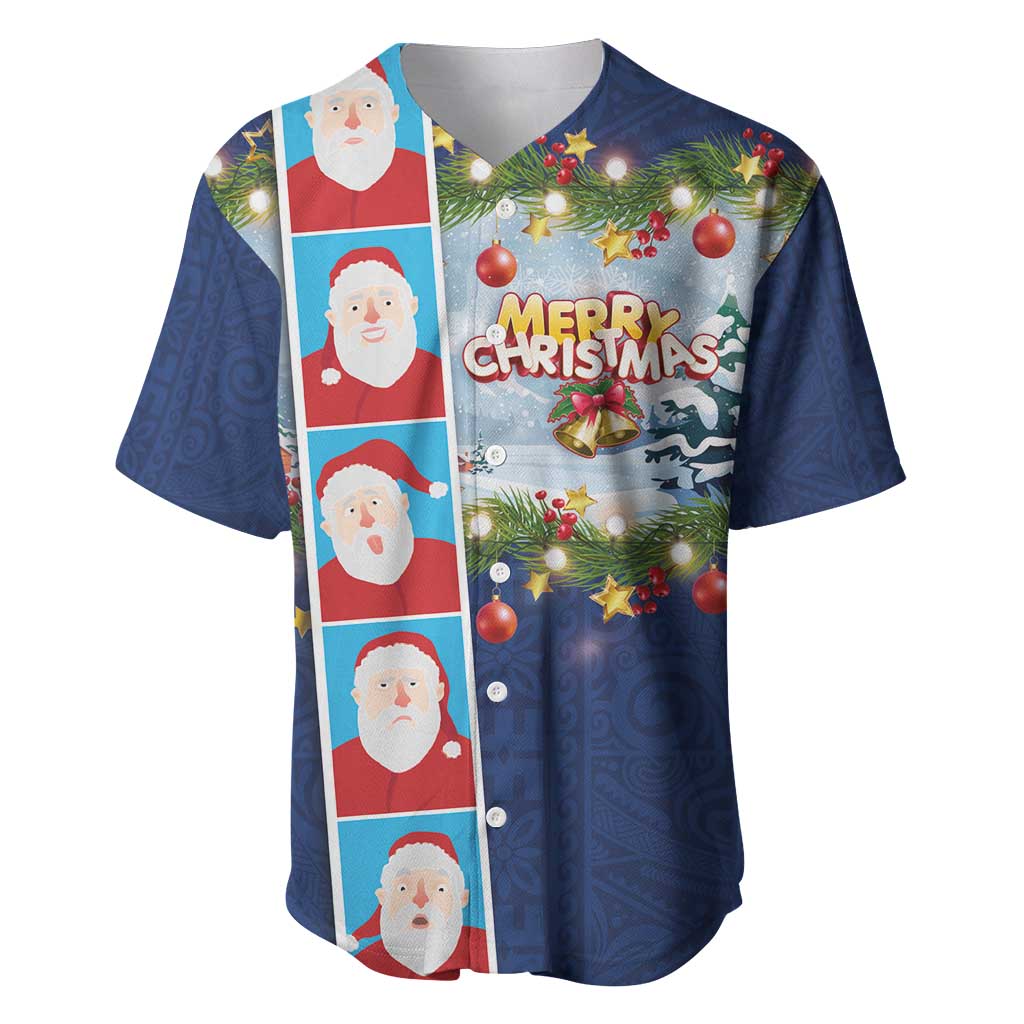 Merry Christmas Baseball Jersey Funny Santa Claus Cards Photo and Polynesian Pattern Blue Color LT03 Blue - Polynesian Pride