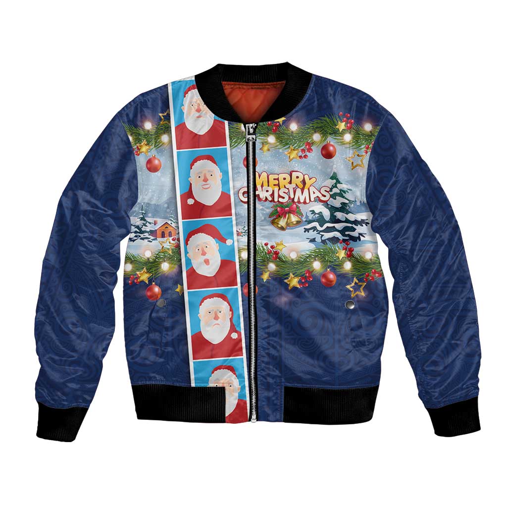 Merry Christmas Bomber Jacket Funny Santa Claus Cards Photo and Polynesian Pattern Blue Color LT03 Unisex Blue - Polynesian Pride