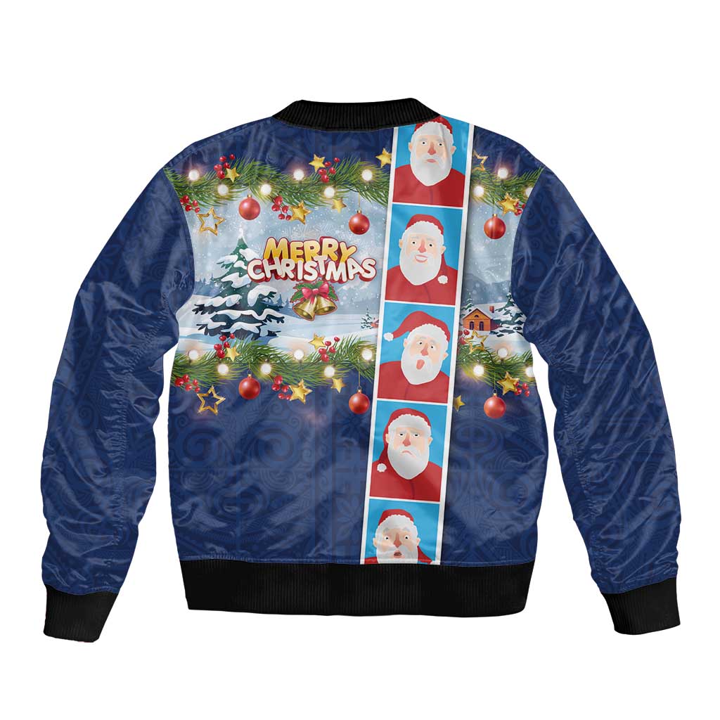 Merry Christmas Bomber Jacket Funny Santa Claus Cards Photo and Polynesian Pattern Blue Color LT03 - Polynesian Pride