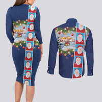 Merry Christmas Couples Matching Long Sleeve Bodycon Dress and Long Sleeve Button Shirt Funny Santa Claus Cards Photo and Polynesian Pattern Blue Color LT03 - Polynesian Pride