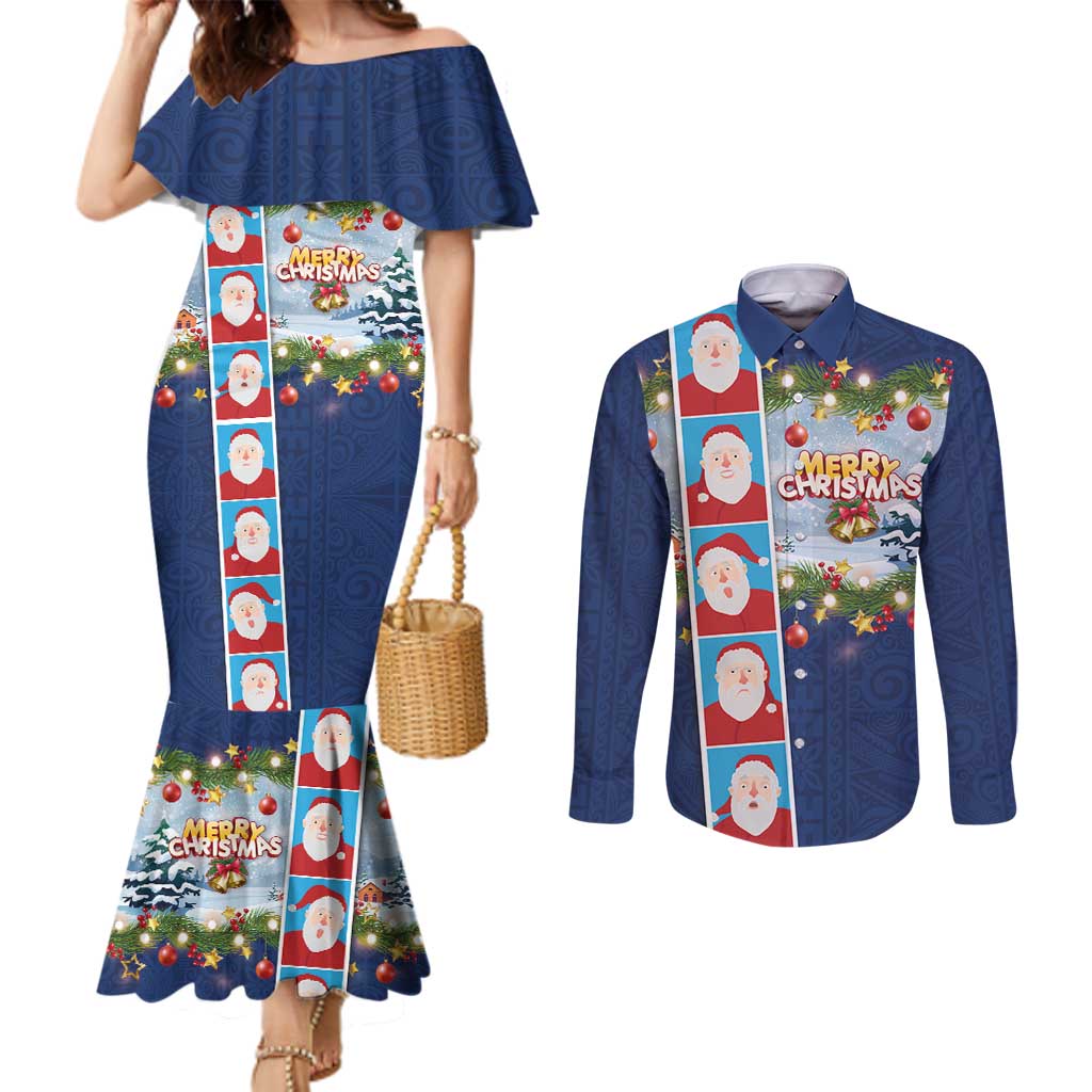 Merry Christmas Couples Matching Mermaid Dress and Long Sleeve Button Shirt Funny Santa Claus Cards Photo and Polynesian Pattern Blue Color LT03 Blue - Polynesian Pride