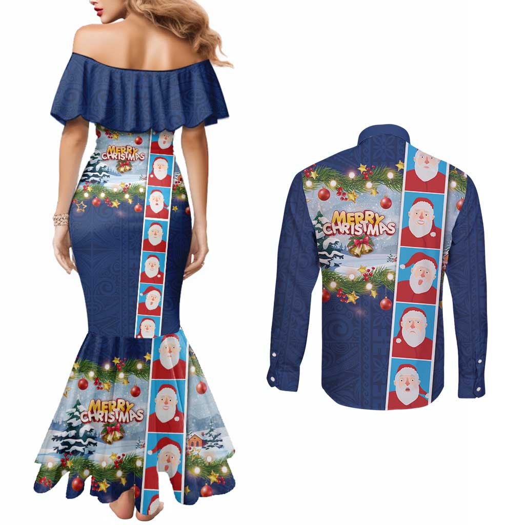 Merry Christmas Couples Matching Mermaid Dress and Long Sleeve Button Shirt Funny Santa Claus Cards Photo and Polynesian Pattern Blue Color LT03 - Polynesian Pride