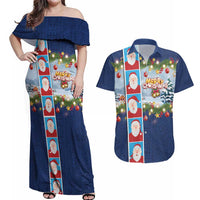 Merry Christmas Couples Matching Off Shoulder Maxi Dress and Hawaiian Shirt Funny Santa Claus Cards Photo and Polynesian Pattern Blue Color LT03 Blue - Polynesian Pride