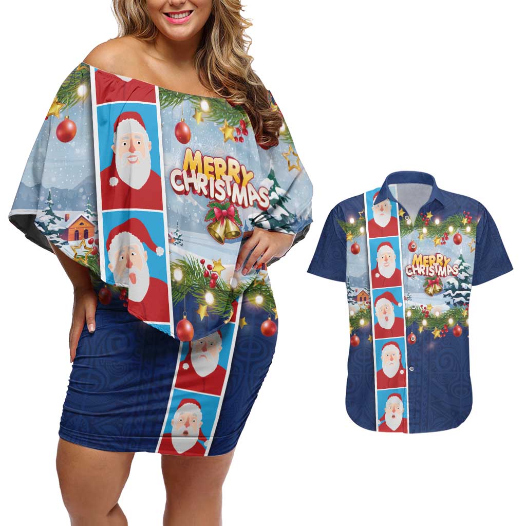 Merry Christmas Couples Matching Off Shoulder Short Dress and Hawaiian Shirt Funny Santa Claus Cards Photo and Polynesian Pattern Blue Color LT03 Blue - Polynesian Pride