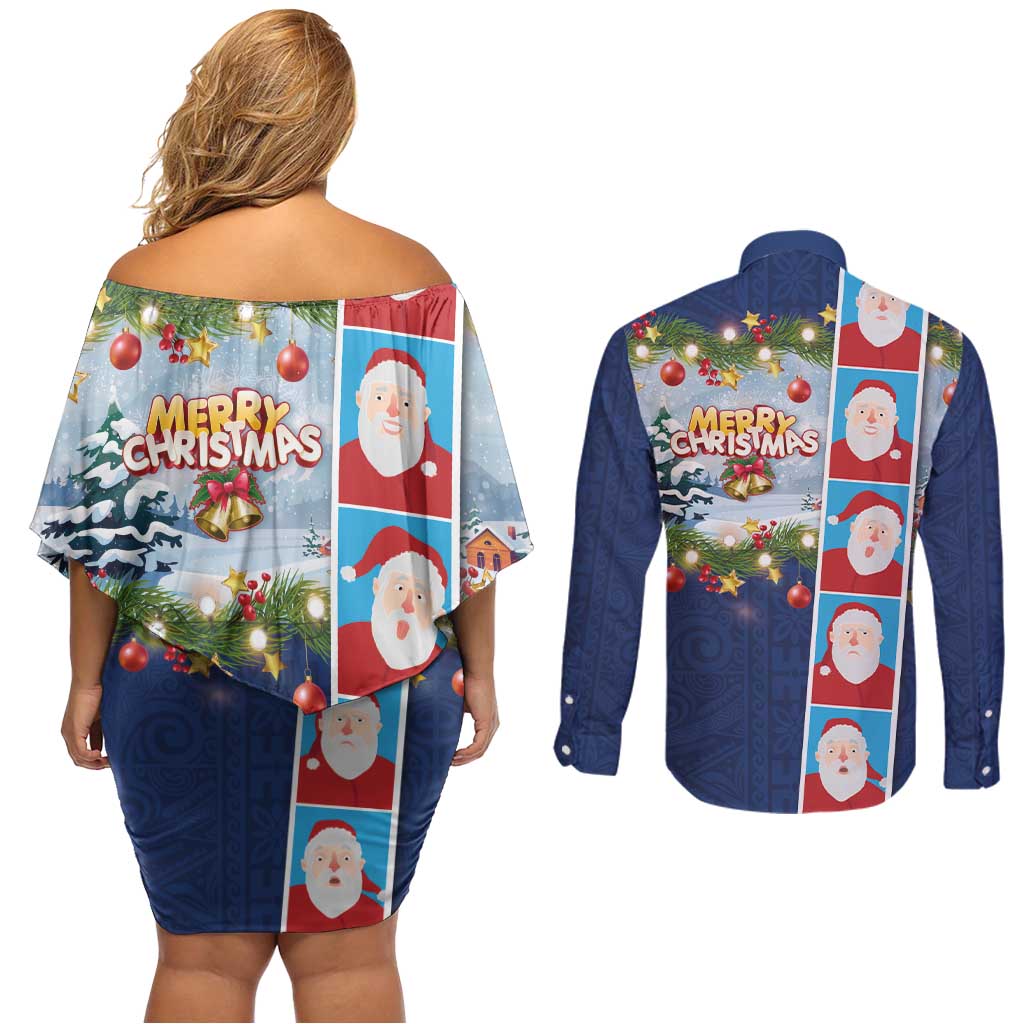 Merry Christmas Couples Matching Off Shoulder Short Dress and Long Sleeve Button Shirt Funny Santa Claus Cards Photo and Polynesian Pattern Blue Color LT03 - Polynesian Pride