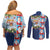 Merry Christmas Couples Matching Off Shoulder Short Dress and Long Sleeve Button Shirt Funny Santa Claus Cards Photo and Polynesian Pattern Blue Color