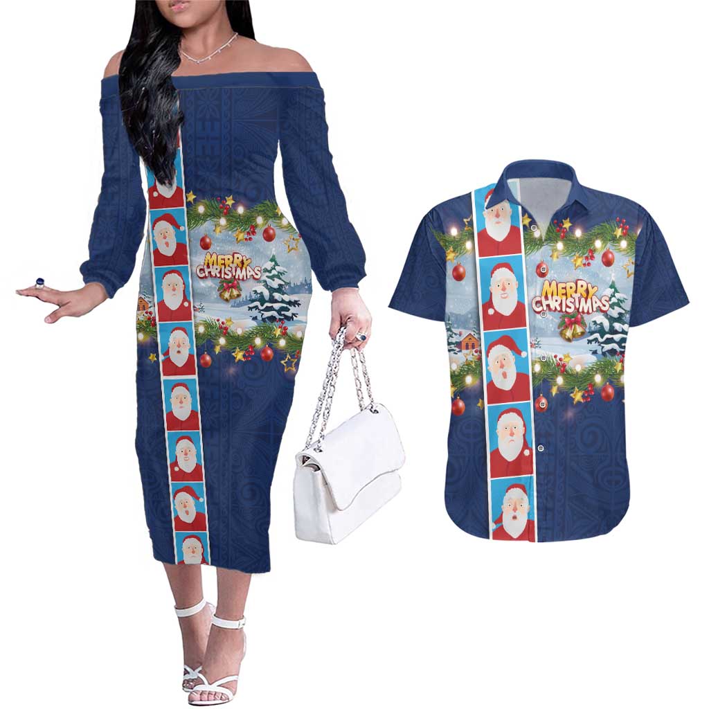 Merry Christmas Couples Matching Off The Shoulder Long Sleeve Dress and Hawaiian Shirt Funny Santa Claus Cards Photo and Polynesian Pattern Blue Color LT03 Blue - Polynesian Pride