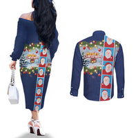 Merry Christmas Couples Matching Off The Shoulder Long Sleeve Dress and Long Sleeve Button Shirt Funny Santa Claus Cards Photo and Polynesian Pattern Blue Color LT03 - Polynesian Pride