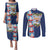Merry Christmas Couples Matching Puletasi and Long Sleeve Button Shirt Funny Santa Claus Cards Photo and Polynesian Pattern Blue Color
