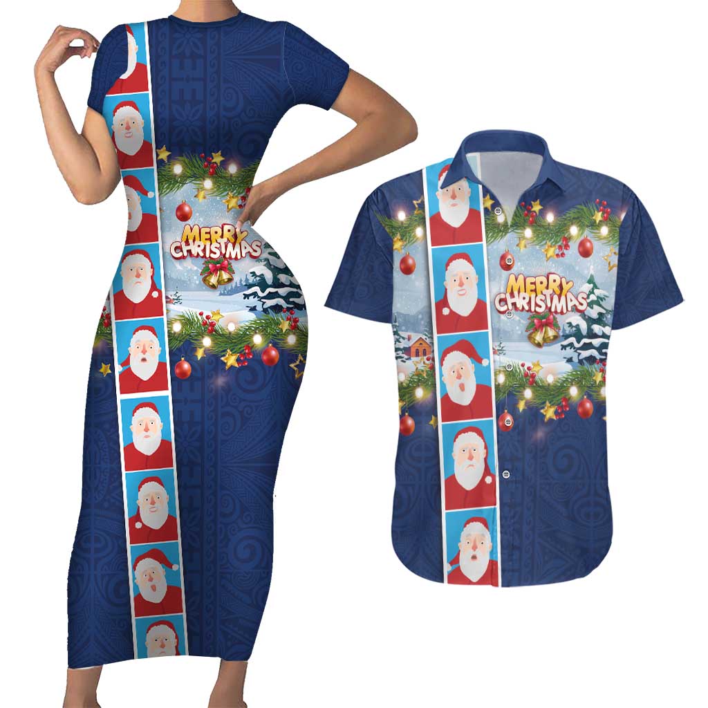 Merry Christmas Couples Matching Short Sleeve Bodycon Dress and Hawaiian Shirt Funny Santa Claus Cards Photo and Polynesian Pattern Blue Color LT03 Blue - Polynesian Pride