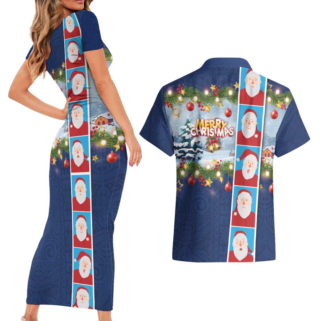 Merry Christmas Couples Matching Short Sleeve Bodycon Dress and Hawaiian Shirt Funny Santa Claus Cards Photo and Polynesian Pattern Blue Color LT03 - Polynesian Pride