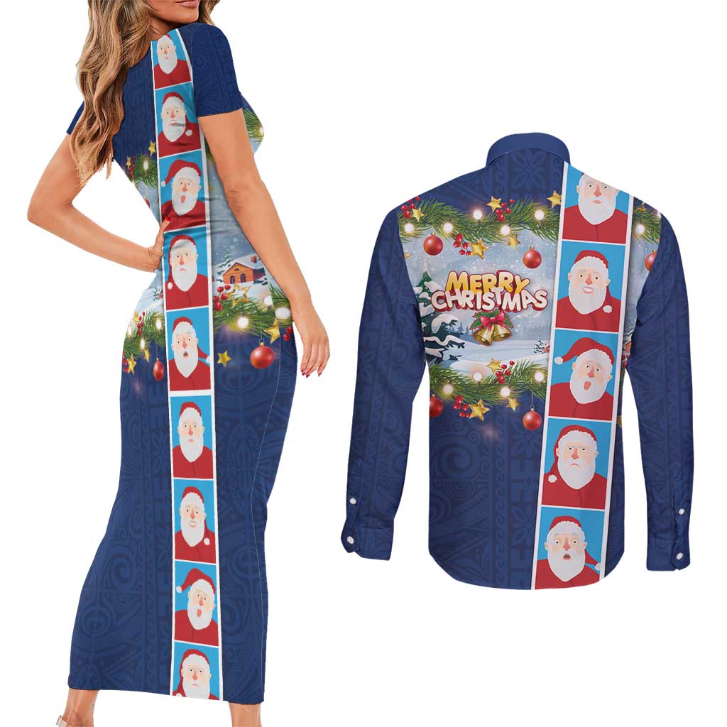 Merry Christmas Couples Matching Short Sleeve Bodycon Dress and Long Sleeve Button Shirt Funny Santa Claus Cards Photo and Polynesian Pattern Blue Color LT03 - Polynesian Pride