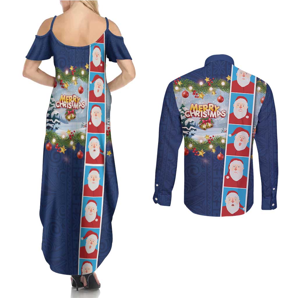 Merry Christmas Couples Matching Summer Maxi Dress and Long Sleeve Button Shirt Funny Santa Claus Cards Photo and Polynesian Pattern Blue Color LT03 - Polynesian Pride