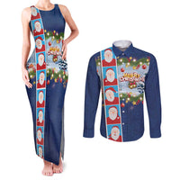 Merry Christmas Couples Matching Tank Maxi Dress and Long Sleeve Button Shirt Funny Santa Claus Cards Photo and Polynesian Pattern Blue Color LT03 Blue - Polynesian Pride