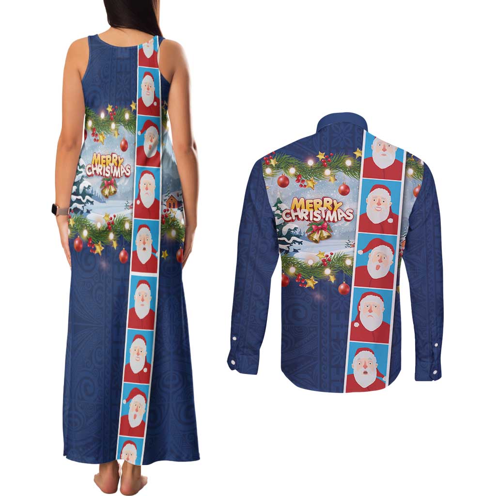 Merry Christmas Couples Matching Tank Maxi Dress and Long Sleeve Button Shirt Funny Santa Claus Cards Photo and Polynesian Pattern Blue Color LT03 - Polynesian Pride