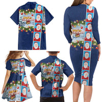 Merry Christmas Family Matching Long Sleeve Bodycon Dress and Hawaiian Shirt Funny Santa Claus Cards Photo and Polynesian Pattern Blue Color LT03 - Polynesian Pride
