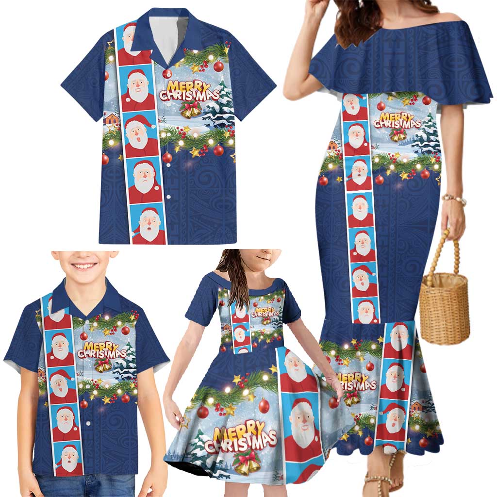 Merry Christmas Family Matching Mermaid Dress and Hawaiian Shirt Funny Santa Claus Cards Photo and Polynesian Pattern Blue Color LT03 - Polynesian Pride