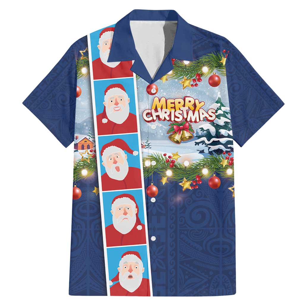 Merry Christmas Family Matching Mermaid Dress and Hawaiian Shirt Funny Santa Claus Cards Photo and Polynesian Pattern Blue Color LT03 Dad's Shirt - Short Sleeve Blue - Polynesian Pride