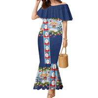 Merry Christmas Family Matching Mermaid Dress and Hawaiian Shirt Funny Santa Claus Cards Photo and Polynesian Pattern Blue Color LT03 Mom's Dress Blue - Polynesian Pride