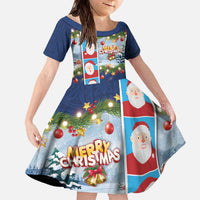 Merry Christmas Family Matching Off The Shoulder Long Sleeve Dress and Hawaiian Shirt Funny Santa Claus Cards Photo and Polynesian Pattern Blue Color LT03 Daughter's Dress Blue - Polynesian Pride