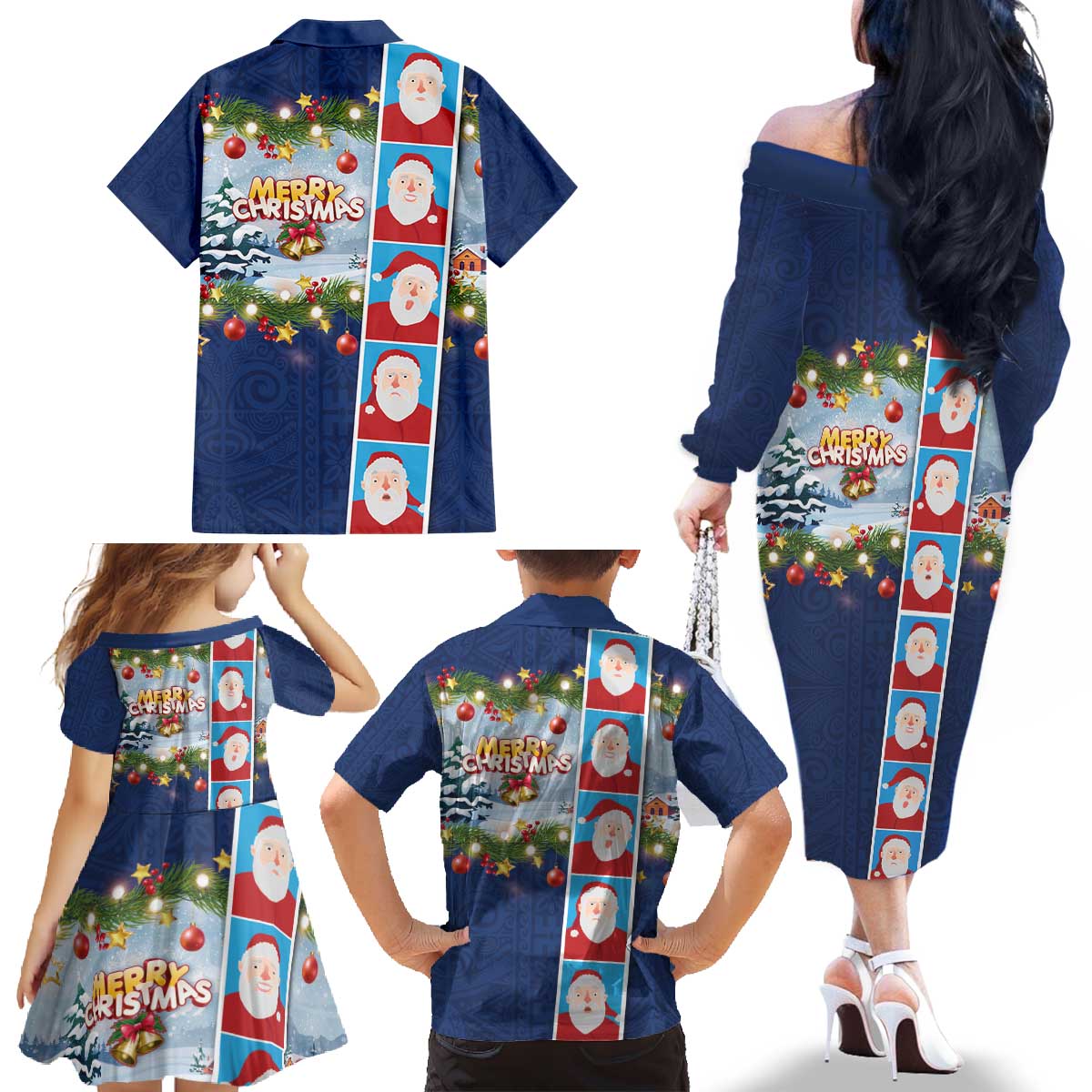 Merry Christmas Family Matching Off The Shoulder Long Sleeve Dress and Hawaiian Shirt Funny Santa Claus Cards Photo and Polynesian Pattern Blue Color LT03 - Polynesian Pride