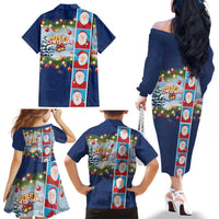 Merry Christmas Family Matching Off The Shoulder Long Sleeve Dress and Hawaiian Shirt Funny Santa Claus Cards Photo and Polynesian Pattern Blue Color LT03 - Polynesian Pride