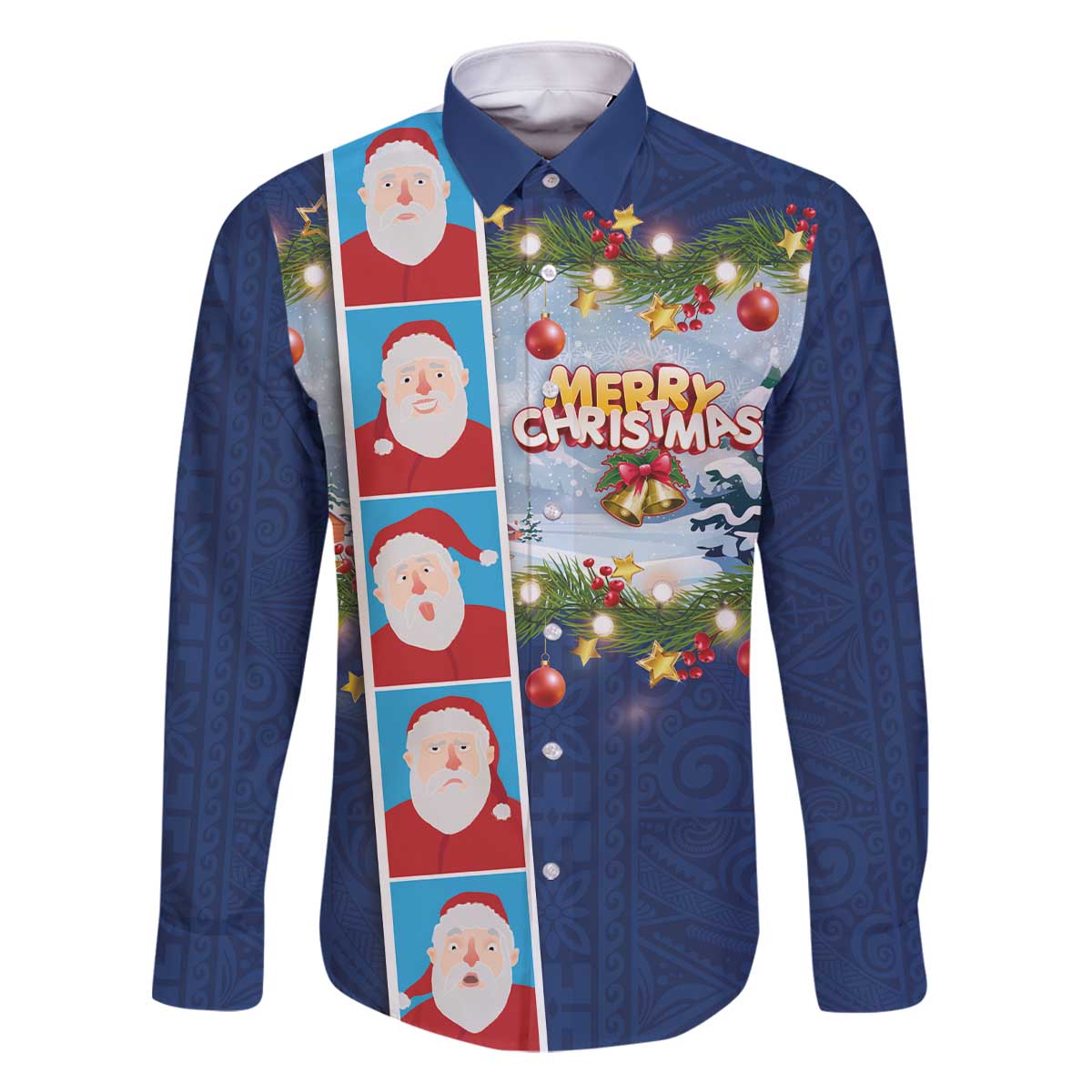 Merry Christmas Family Matching Off The Shoulder Long Sleeve Dress and Hawaiian Shirt Funny Santa Claus Cards Photo and Polynesian Pattern Blue Color LT03 Dad's Shirt - Long Sleeve Blue - Polynesian Pride