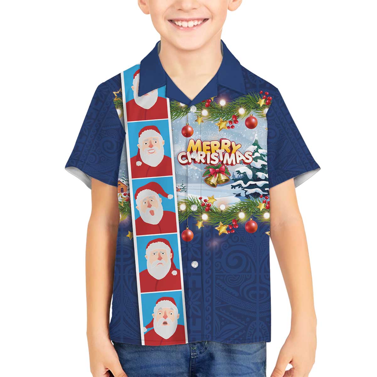 Merry Christmas Family Matching Off The Shoulder Long Sleeve Dress and Hawaiian Shirt Funny Santa Claus Cards Photo and Polynesian Pattern Blue Color LT03 Son's Shirt Blue - Polynesian Pride