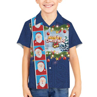 Merry Christmas Family Matching Off The Shoulder Long Sleeve Dress and Hawaiian Shirt Funny Santa Claus Cards Photo and Polynesian Pattern Blue Color LT03 Son's Shirt Blue - Polynesian Pride