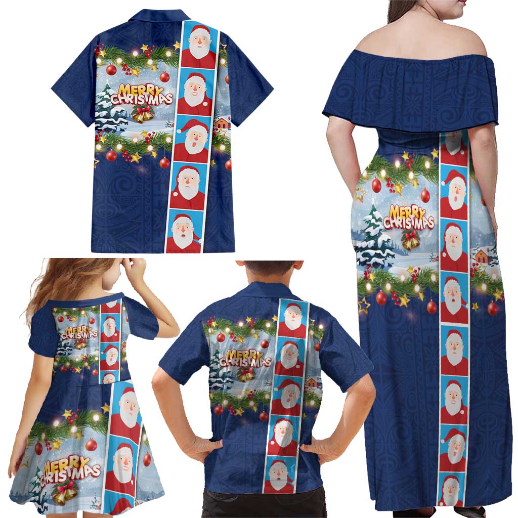 Merry Christmas Family Matching Off Shoulder Maxi Dress and Hawaiian Shirt Funny Santa Claus Cards Photo and Polynesian Pattern Blue Color LT03 - Polynesian Pride