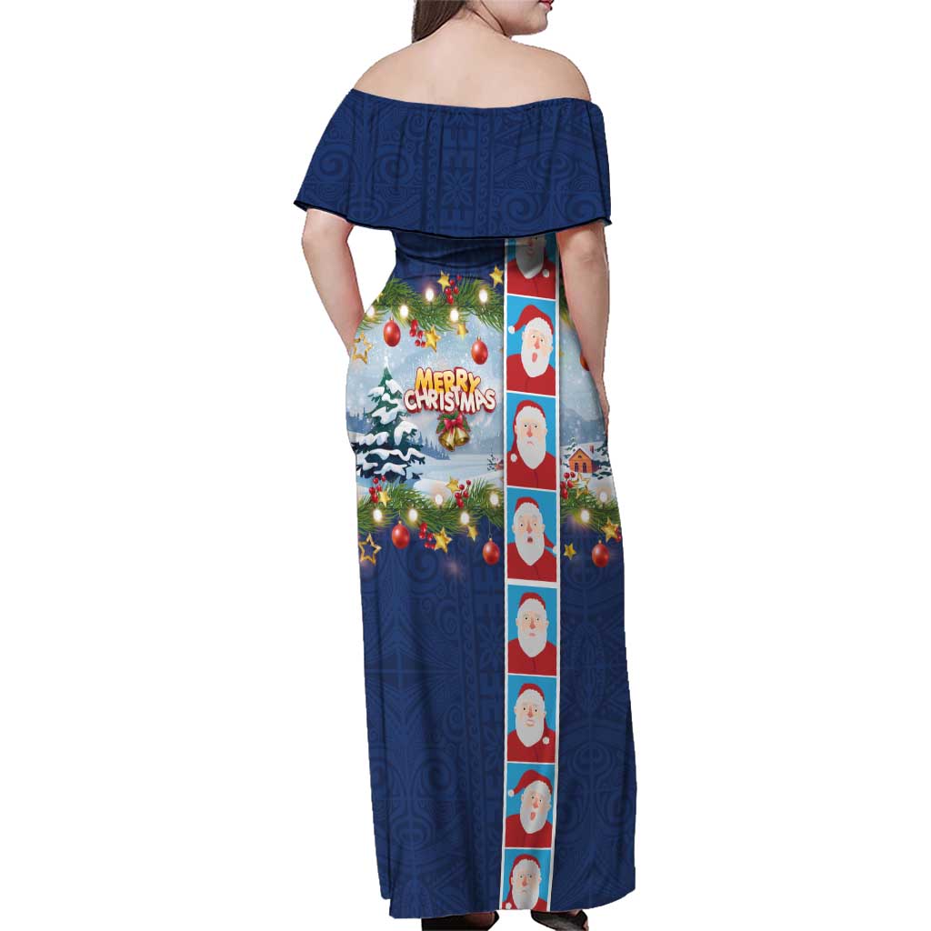 Merry Christmas Family Matching Off Shoulder Maxi Dress and Hawaiian Shirt Funny Santa Claus Cards Photo and Polynesian Pattern Blue Color LT03 - Polynesian Pride